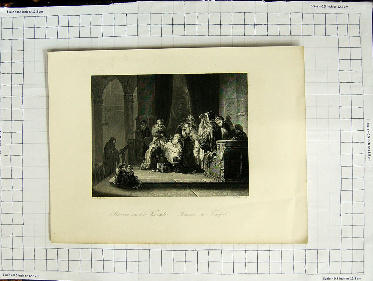 Original Old Antique Print Engraving Scene Simeon In The Temple