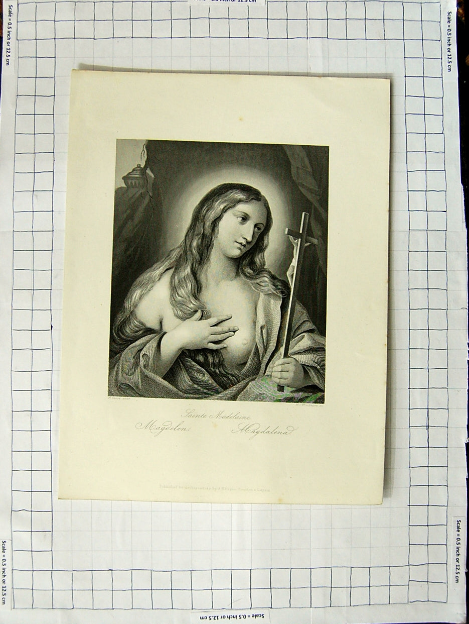 Original Old Antique Print Portrait Mary Magdelen Beautiful Lady Woman