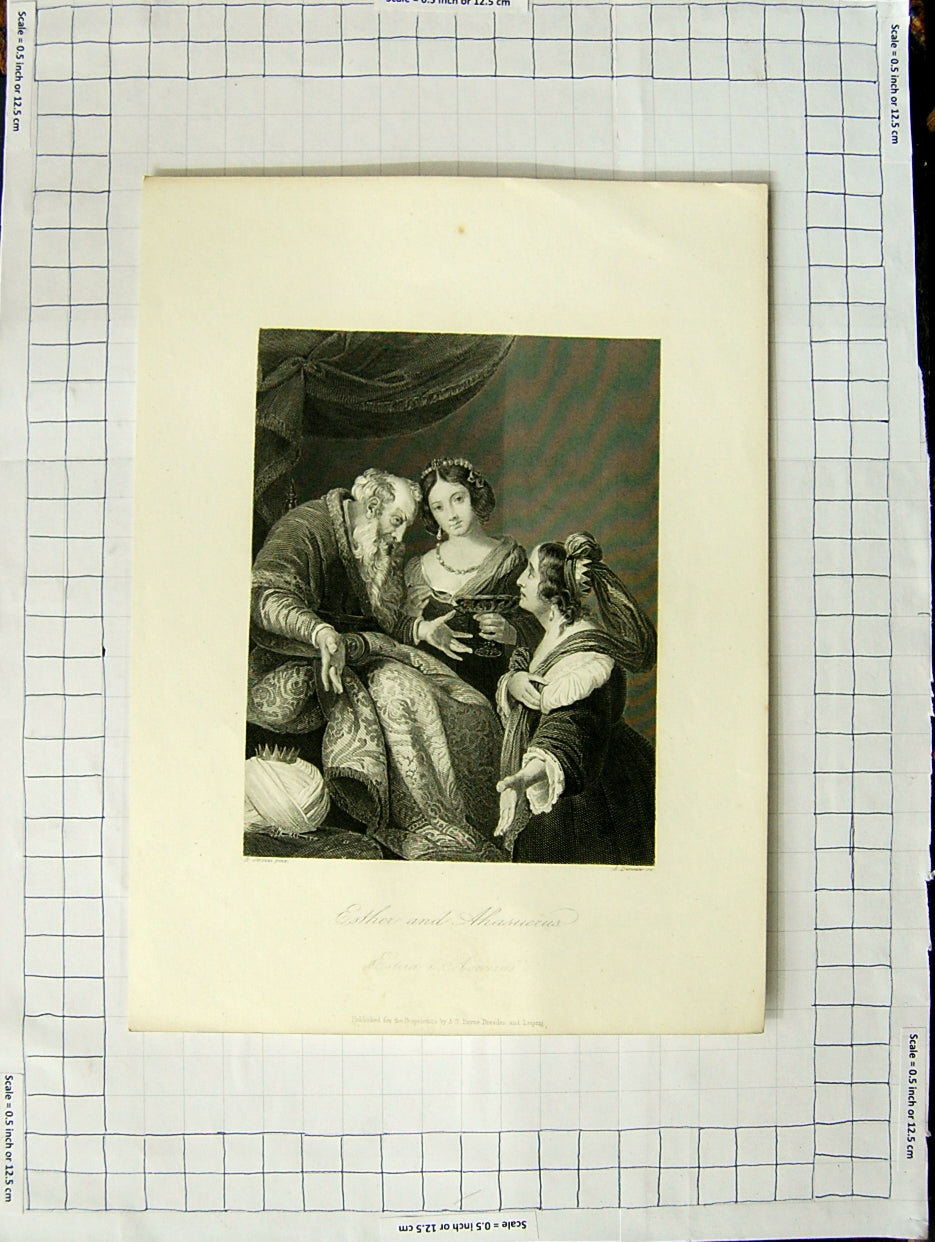 Original Old Antique Print Esther And Ahasuerus Engraving