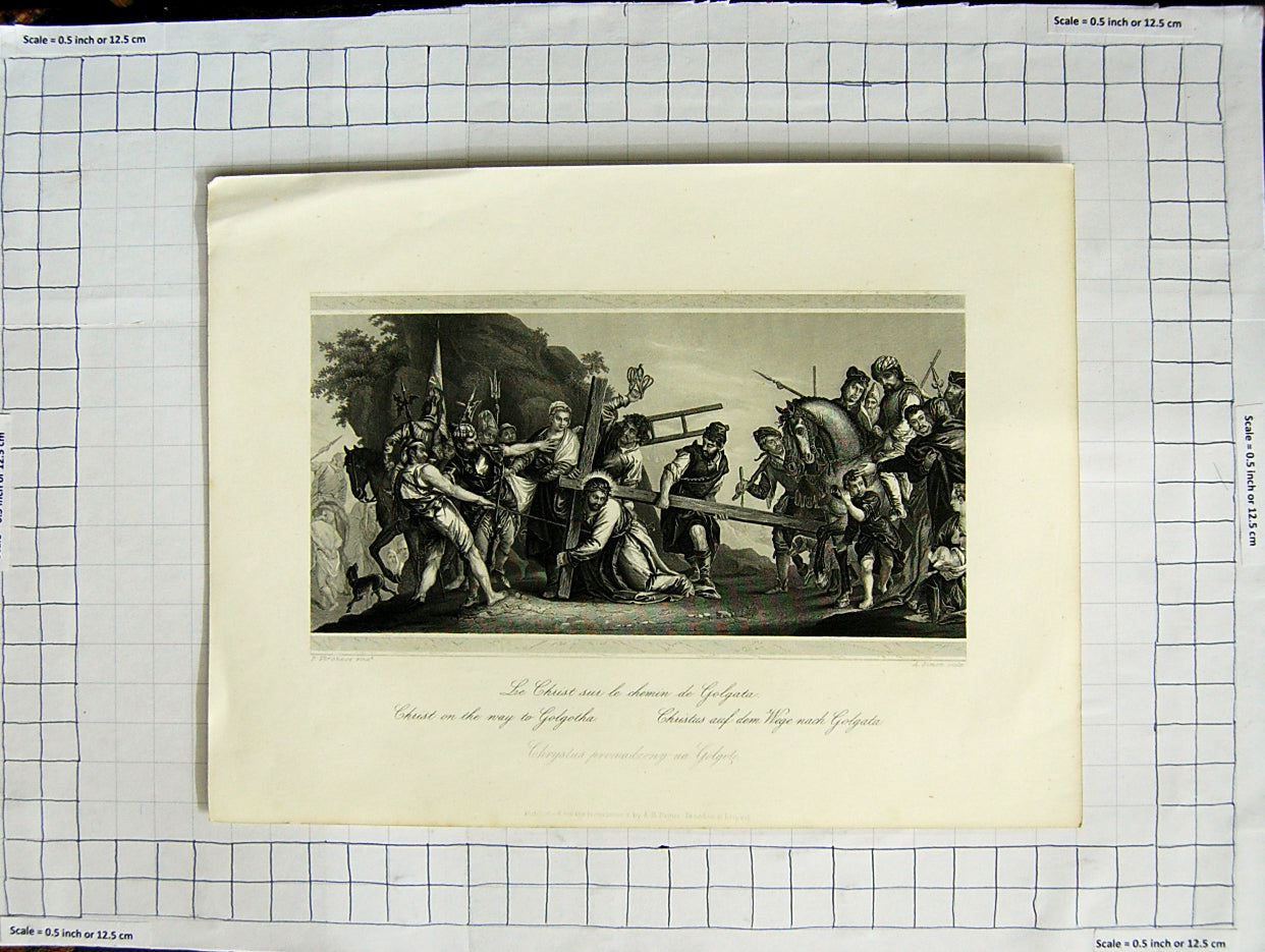 Original Old Antique Print Scene Jesus Christ On The Way To Golgotha Simon
