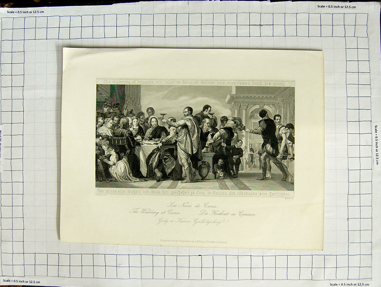 Original Old Antique Print Wedding Scene In Cana Payne
