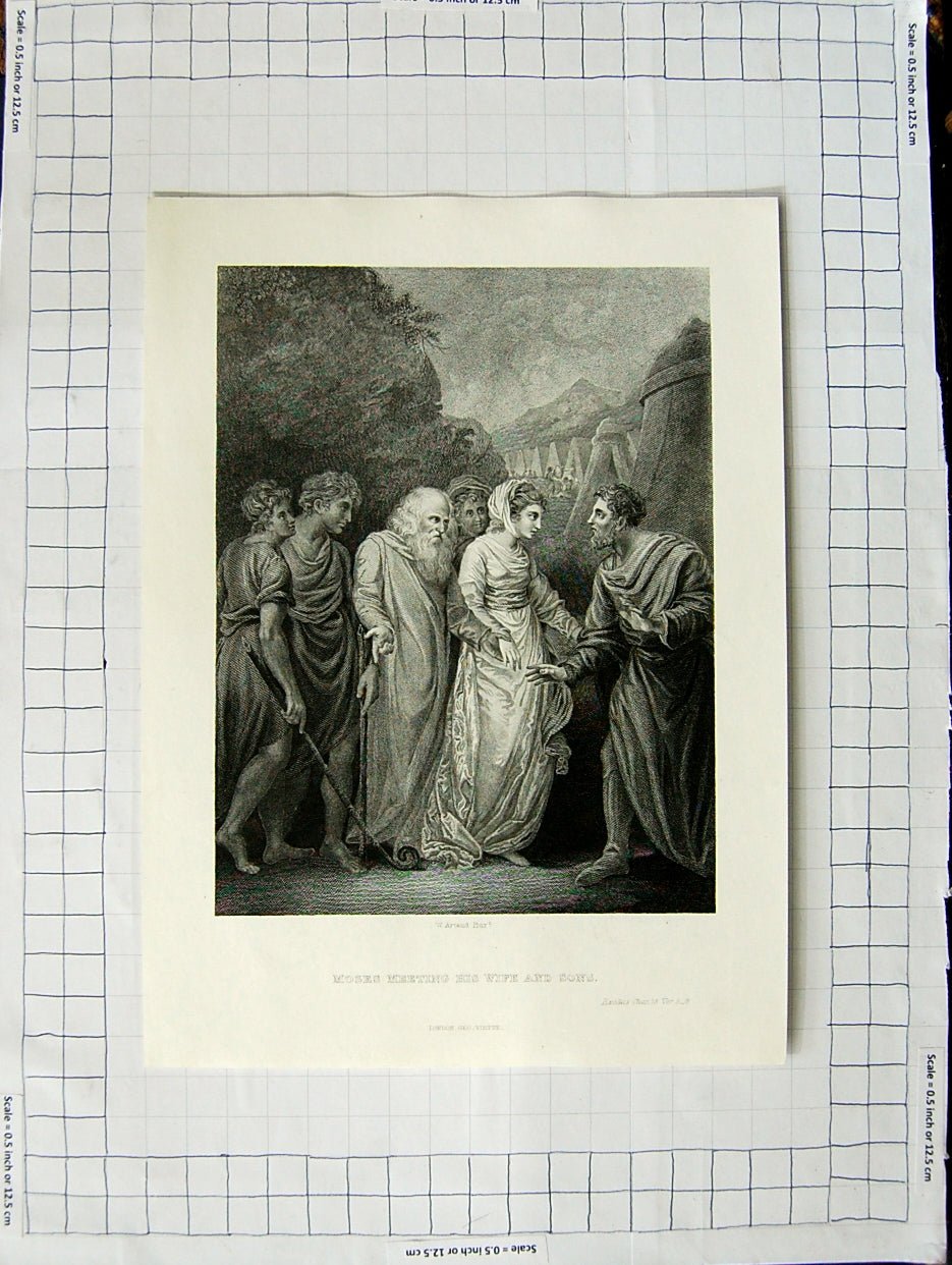 Original Old Antique Print Scene Moses Meeting His Wife Sons Artaud