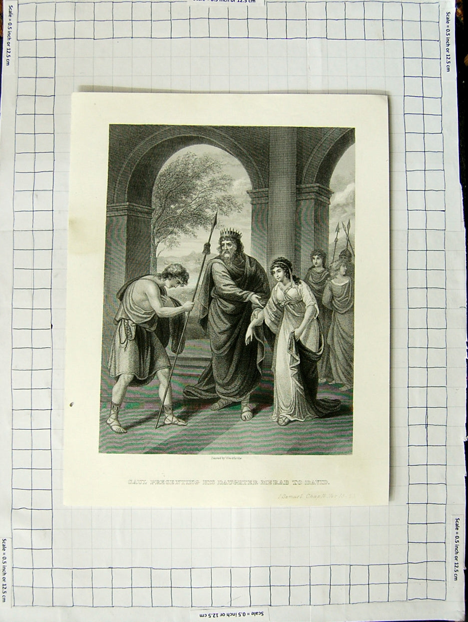 Original Old Antique Print Scene Saul Presenting His Daugher Merab To David