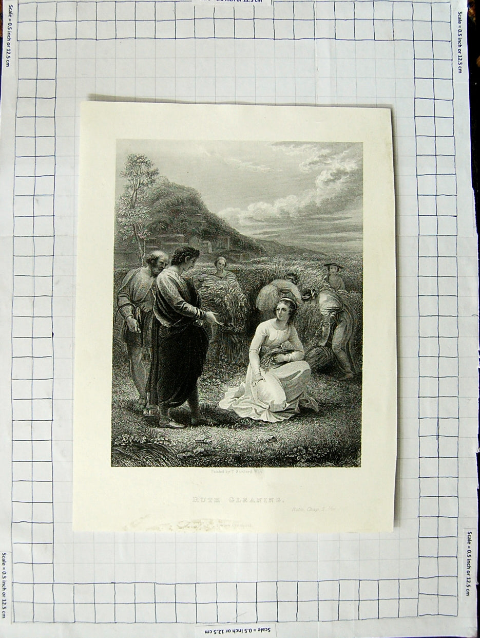 Old Antique Print Scene Ruth Cleaning Farming Ladies Stothard Engraving