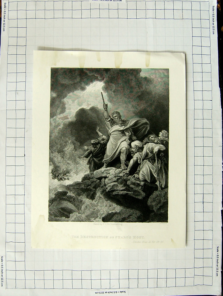 Original Old Antique Print Scene The Destruction Pharo'S Host Exodus