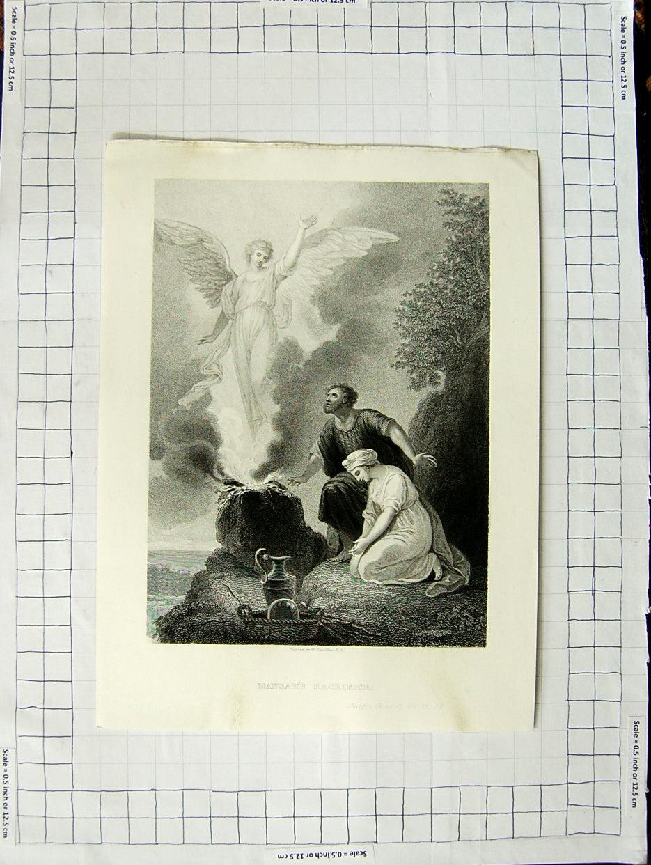Original Old Antique Print Engraving Scene Manoah'S Sacrifice