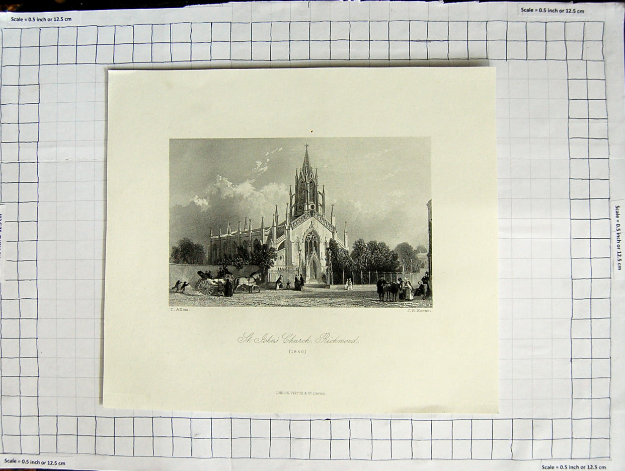 Old Antique Print 1840 John'S Church Richmond Allom Kernot Architecture 19th
