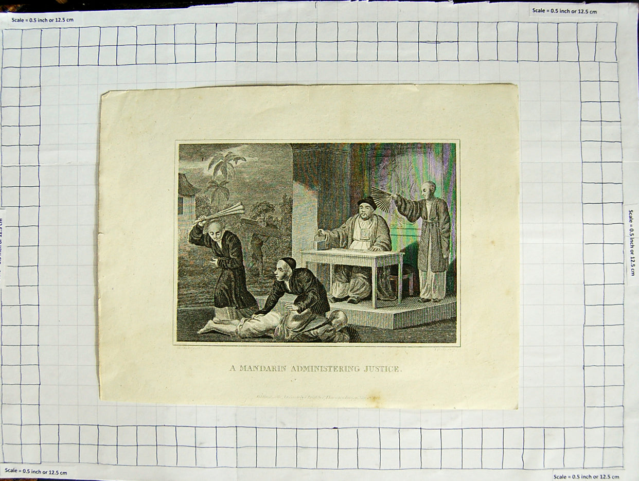 Original Old Antique Print Mandarin Administering Justice Punishment