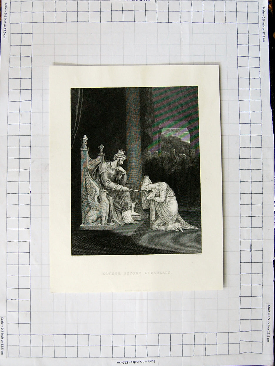 Original Old Antique Print Scene Esther Before Ahasuerus Engraving