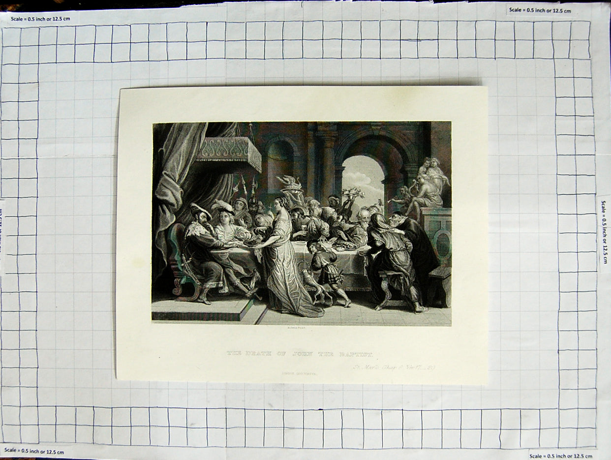 Original Old Antique Print Scene Death John The Baptist St. Mark Engraving