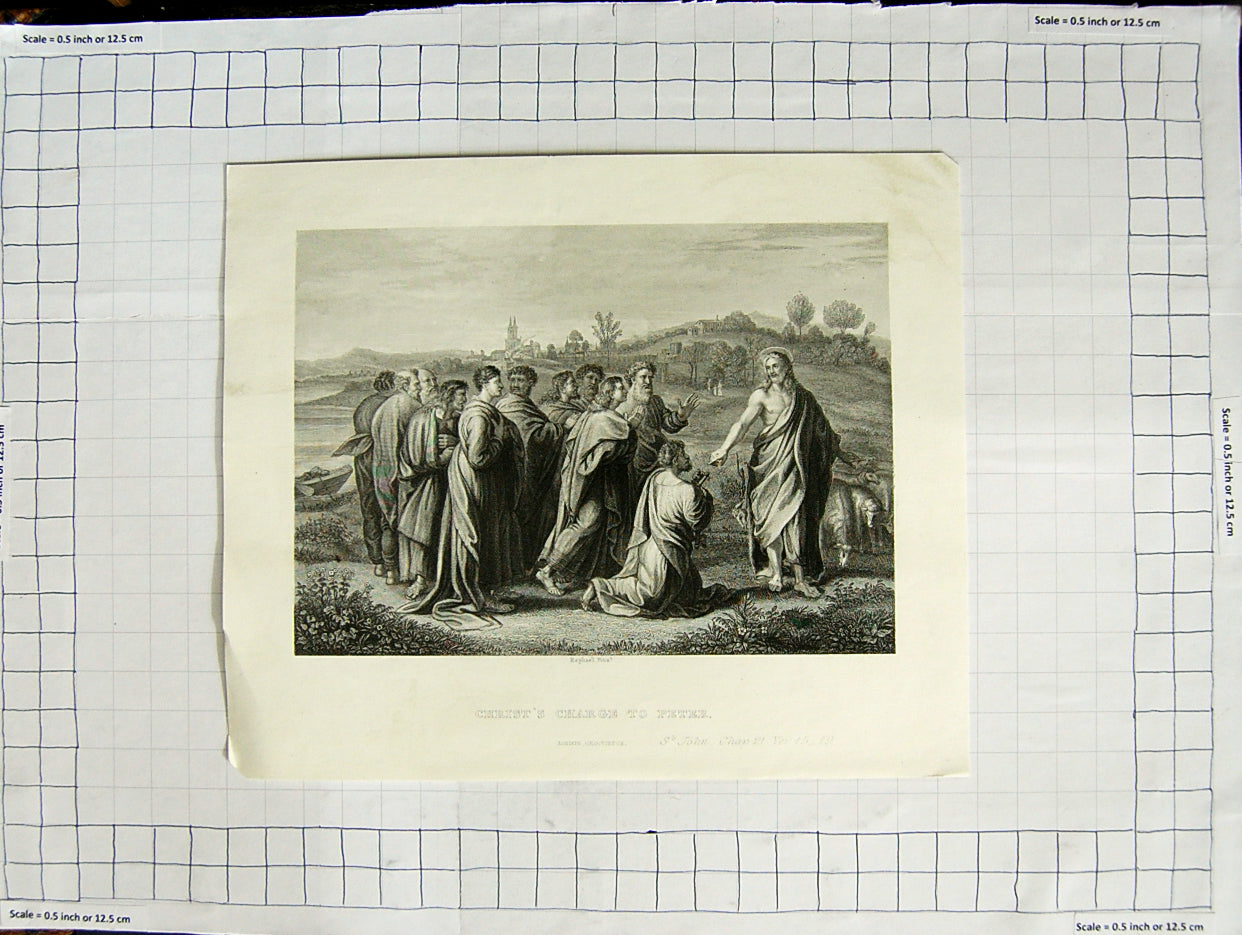 Original Old Antique Print Scene Christ'S Charge To Peter John Engraving