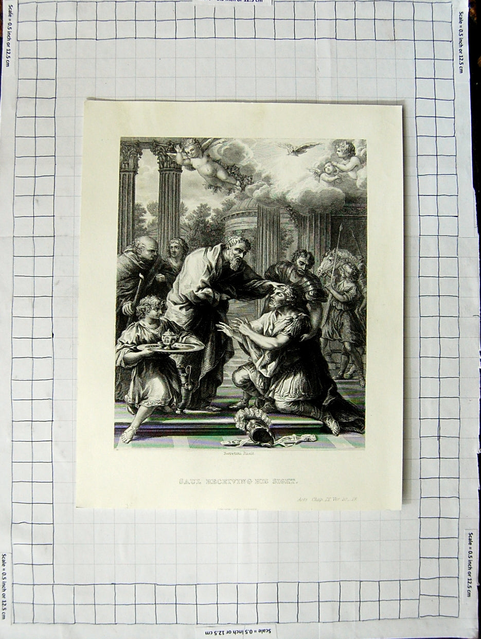 Original Old Antique Print Engraving Scene Saul Receiving His Sight Pinxit