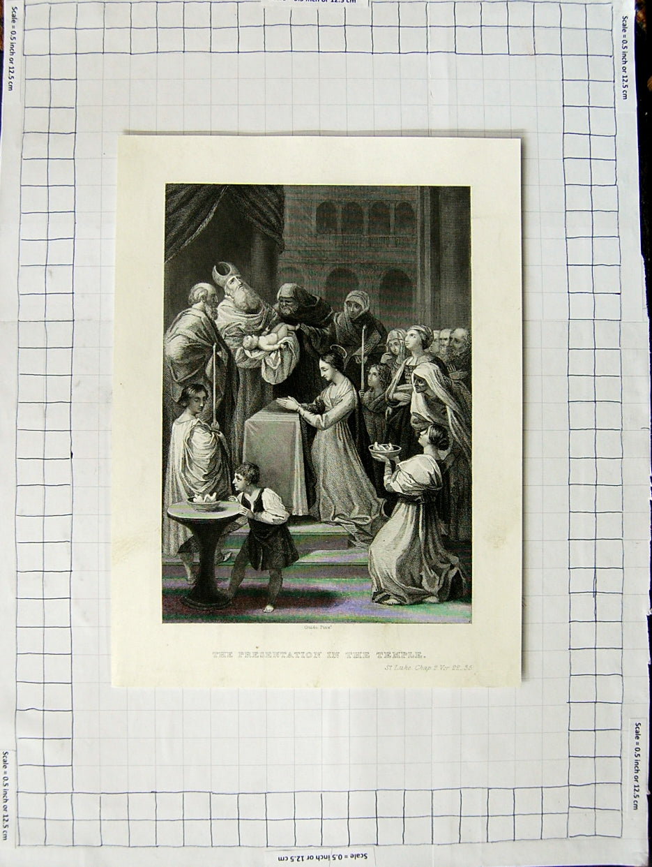 Original Old Antique Print Engraving Scene Presentation The Temple Guido