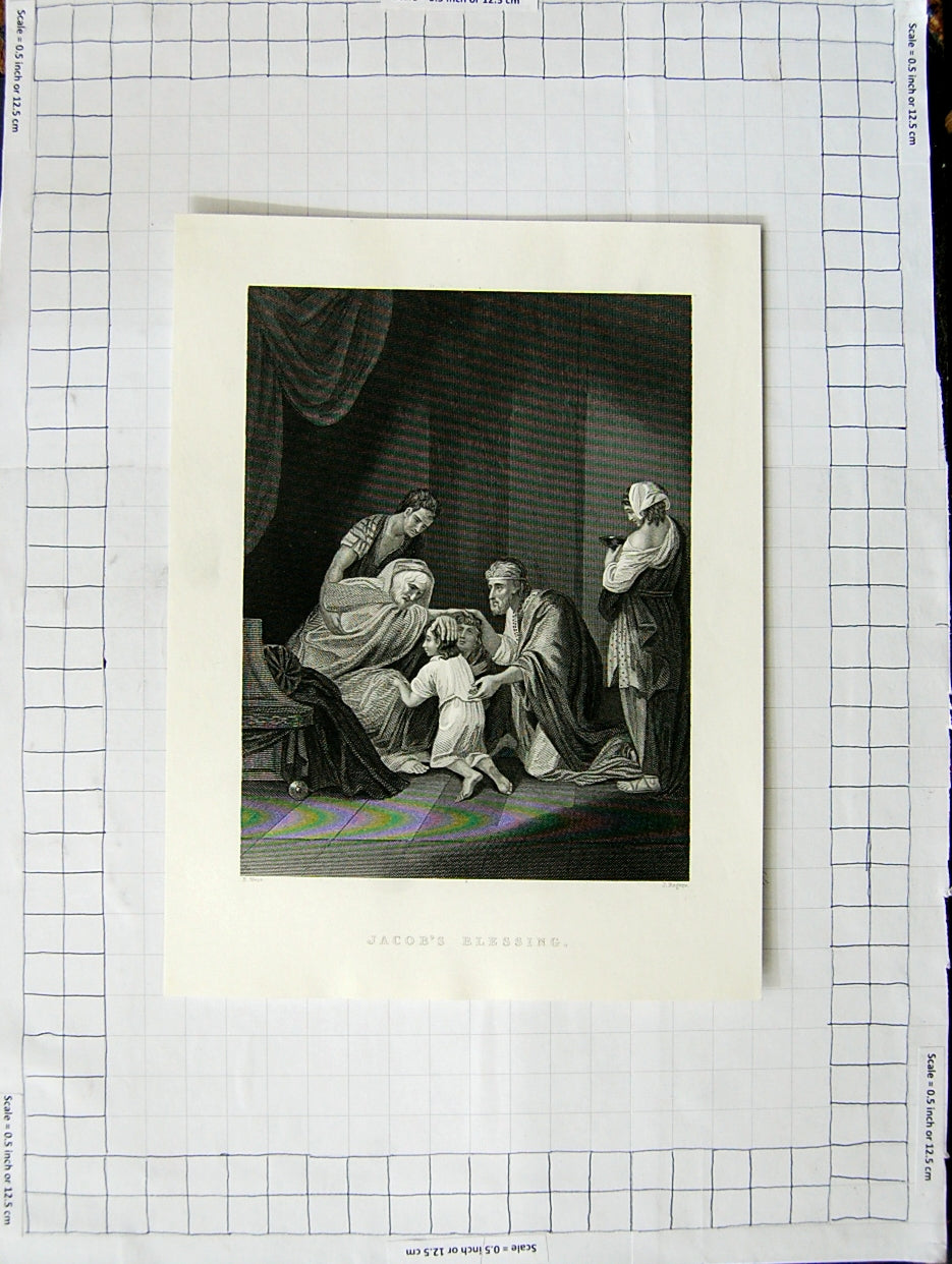 Original Old Antique Print Engraving Scene Jacob'S Blessing Rogers West