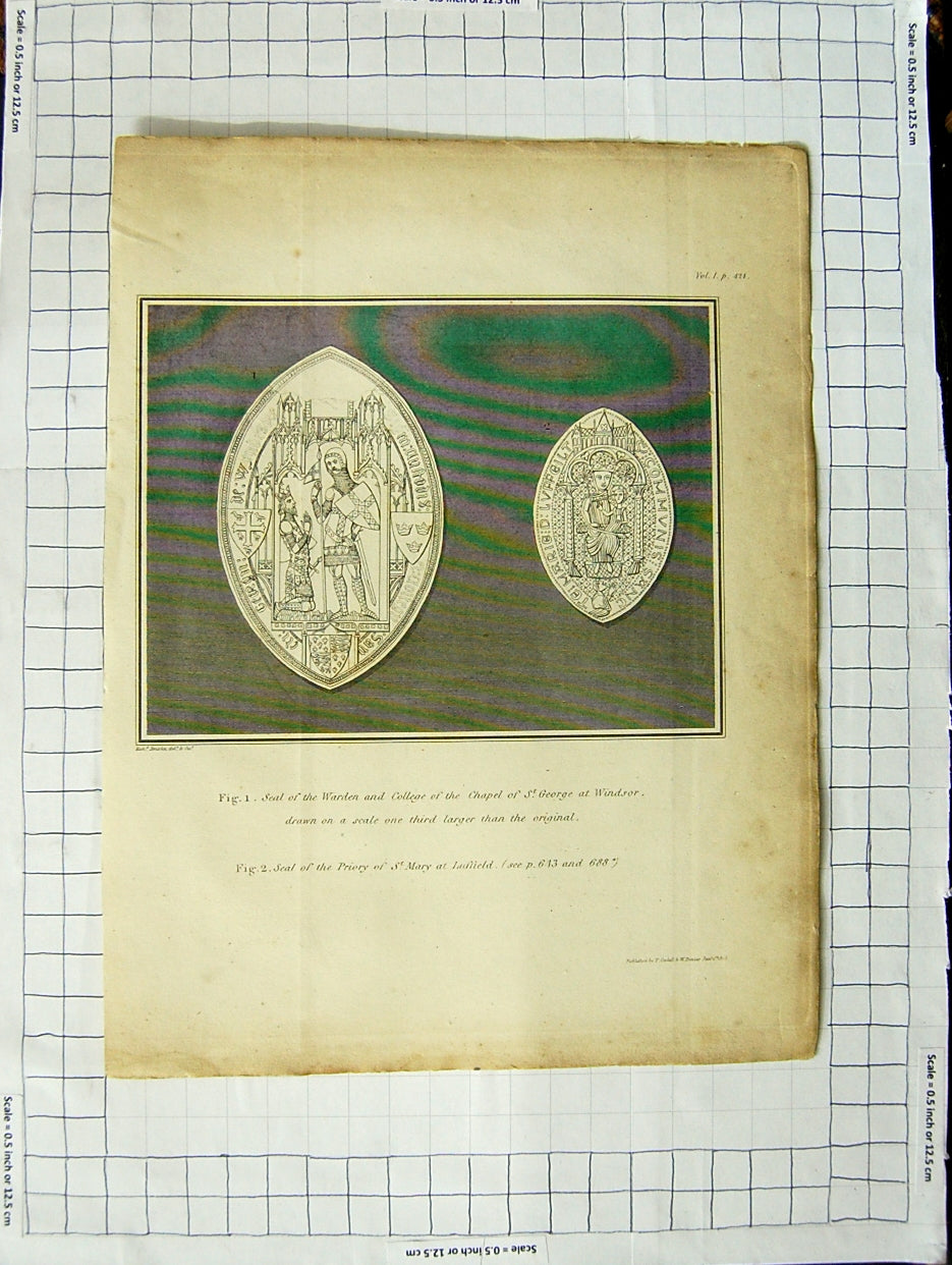 Old Antique Print Seal Warden College Chapel Windsor Mary Priory Luffield