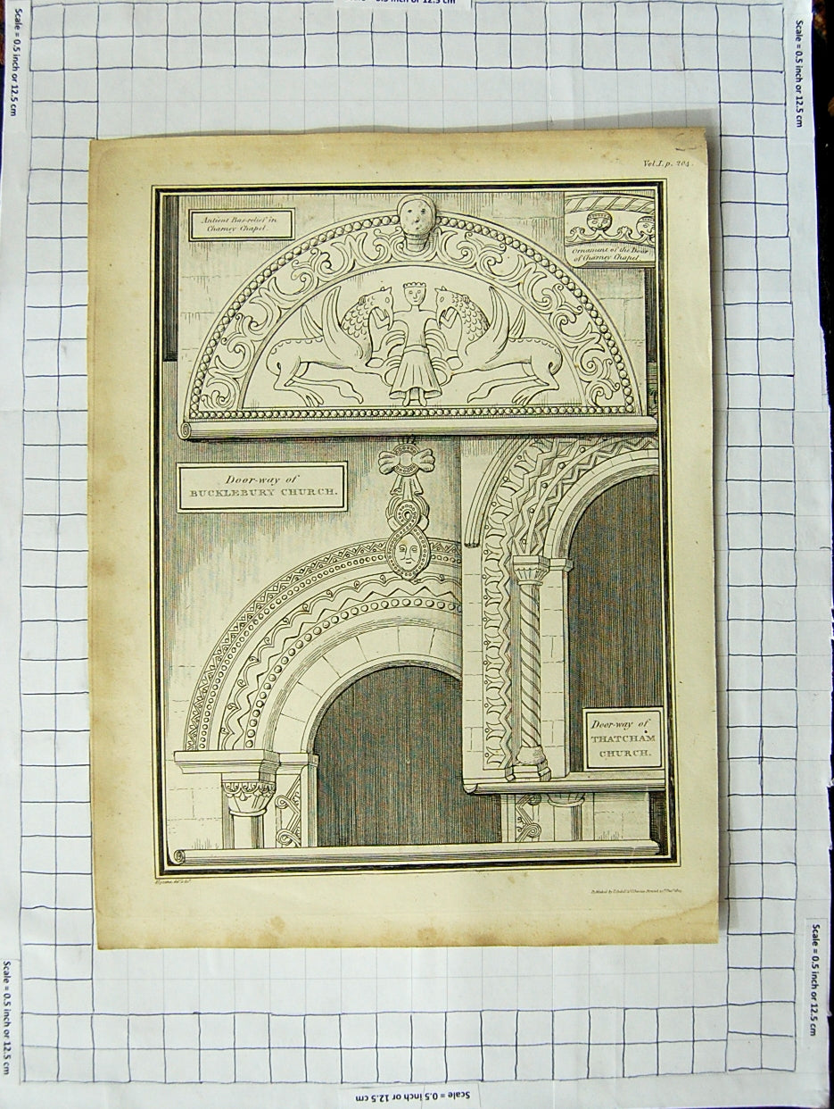 Original Old Antique Print Door-Way Thatcham Church Bucklebury Charney Chapel