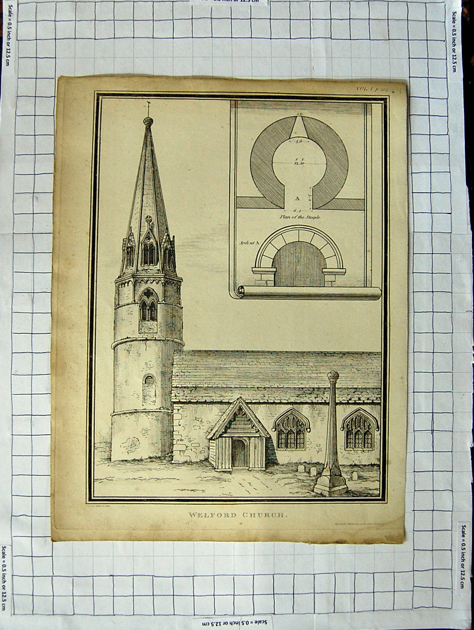 Original Old Antique Print Plan Steeple Welford Church Architecture