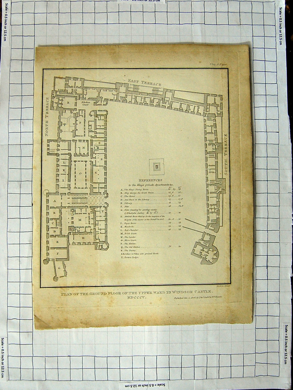 Original Old Antique Print Plan Ground Floor Upper Ward Windsor Castle London