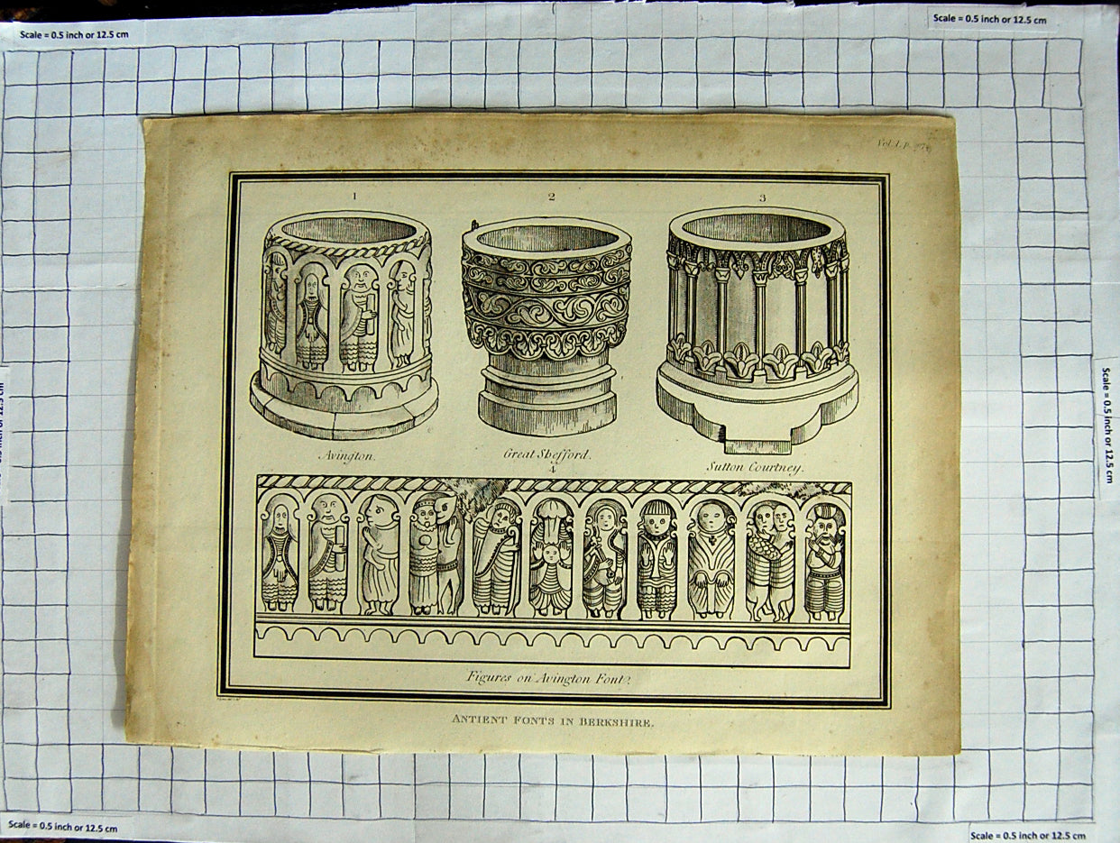Original Old Antique Print Fonts Berkshire Avington Shefford Sutton Courtney