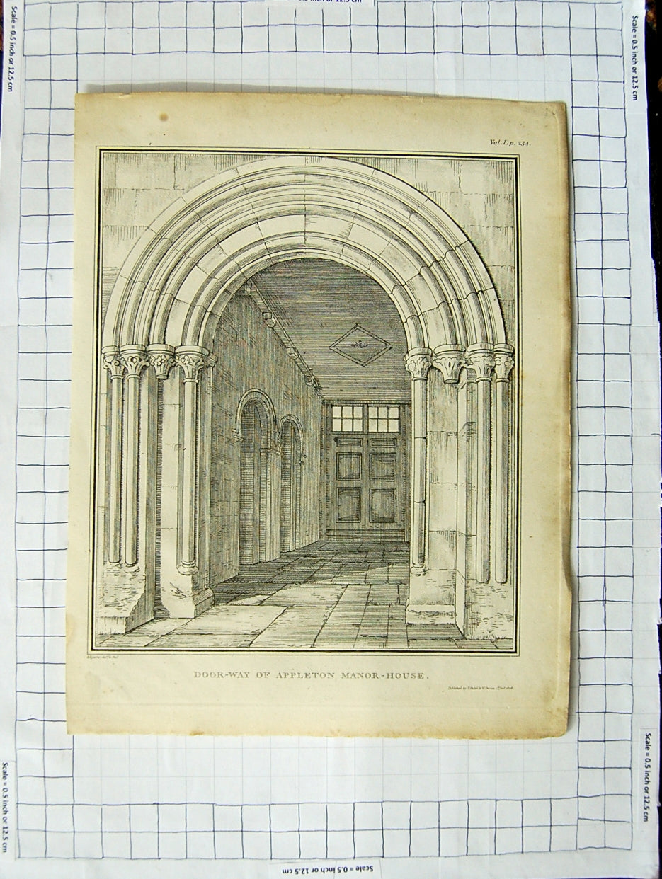 Original Old Antique Print Architecture View Door-Way Appleton Manor House 18th