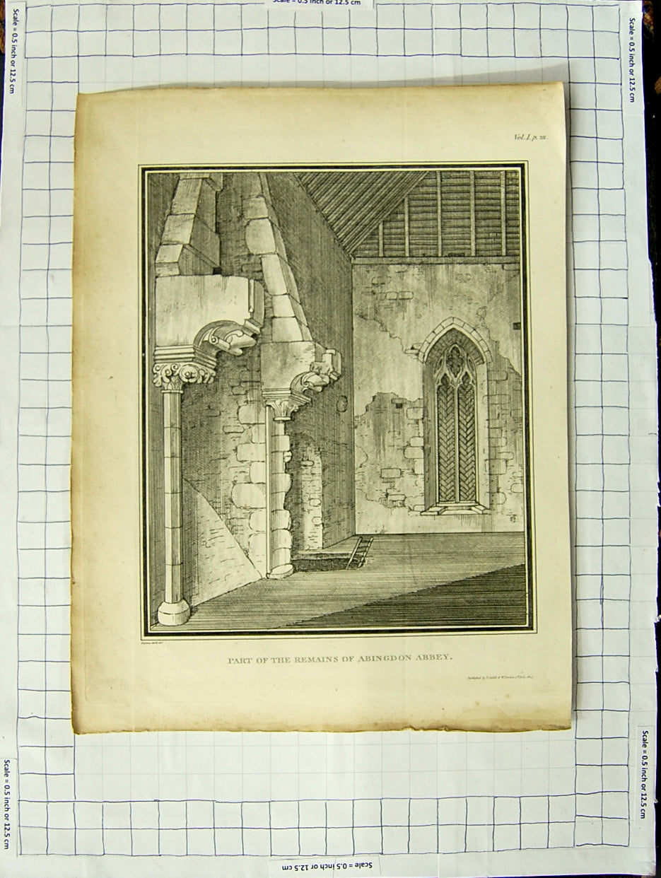 Original Old Antique Print Part Remains Abingdon Abbey Architecture 18th