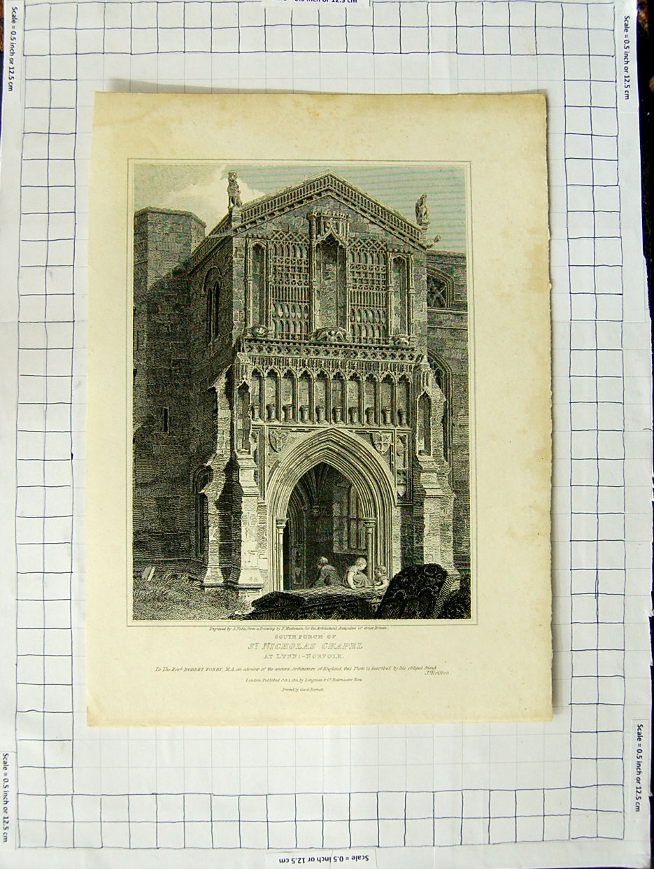 Old Antique Print 1811 Porch Nicholas Chapel Lynn Norfolk Noble Mackenzie 19th