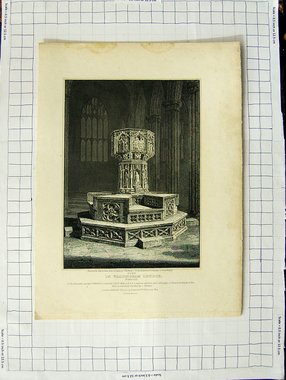 Original Old Antique Print 1812 Font Walsingham Church Norfolk Keux Mackenzie
