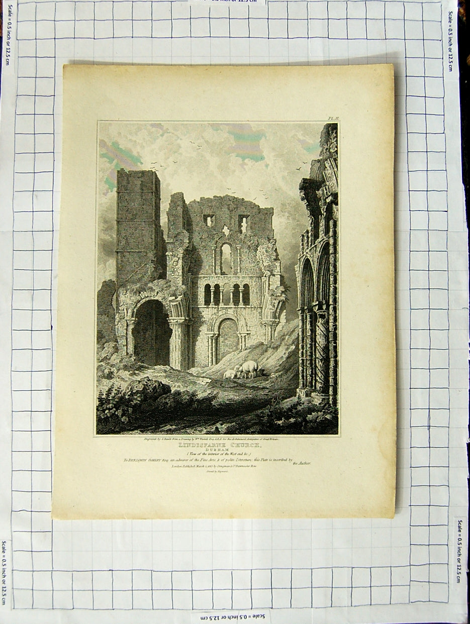 Original Old Antique Print 1813 View Lindisfarne Church Durham Rawle Westall