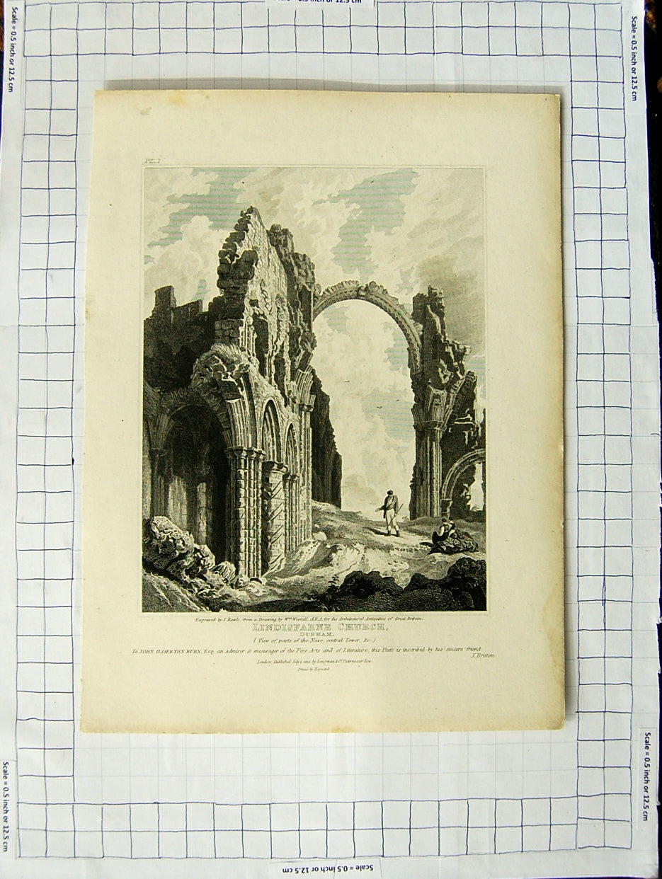 Original Old Antique Print 1813 Lindisfarne Church Durham Ruins Rawle Westall