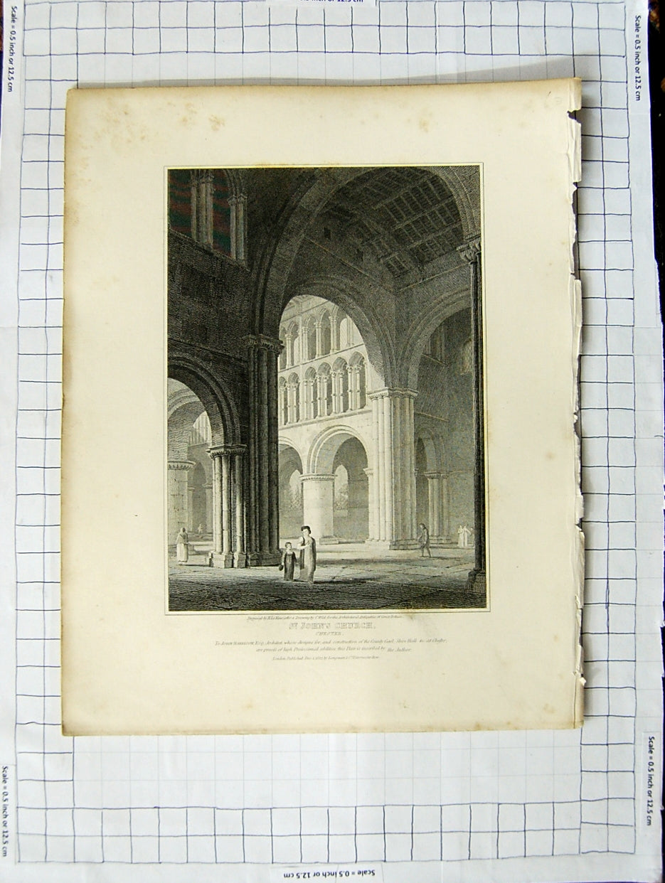 Old Antique Print 1812 St. John'S Church Chester Keux Wild Architecture 19th