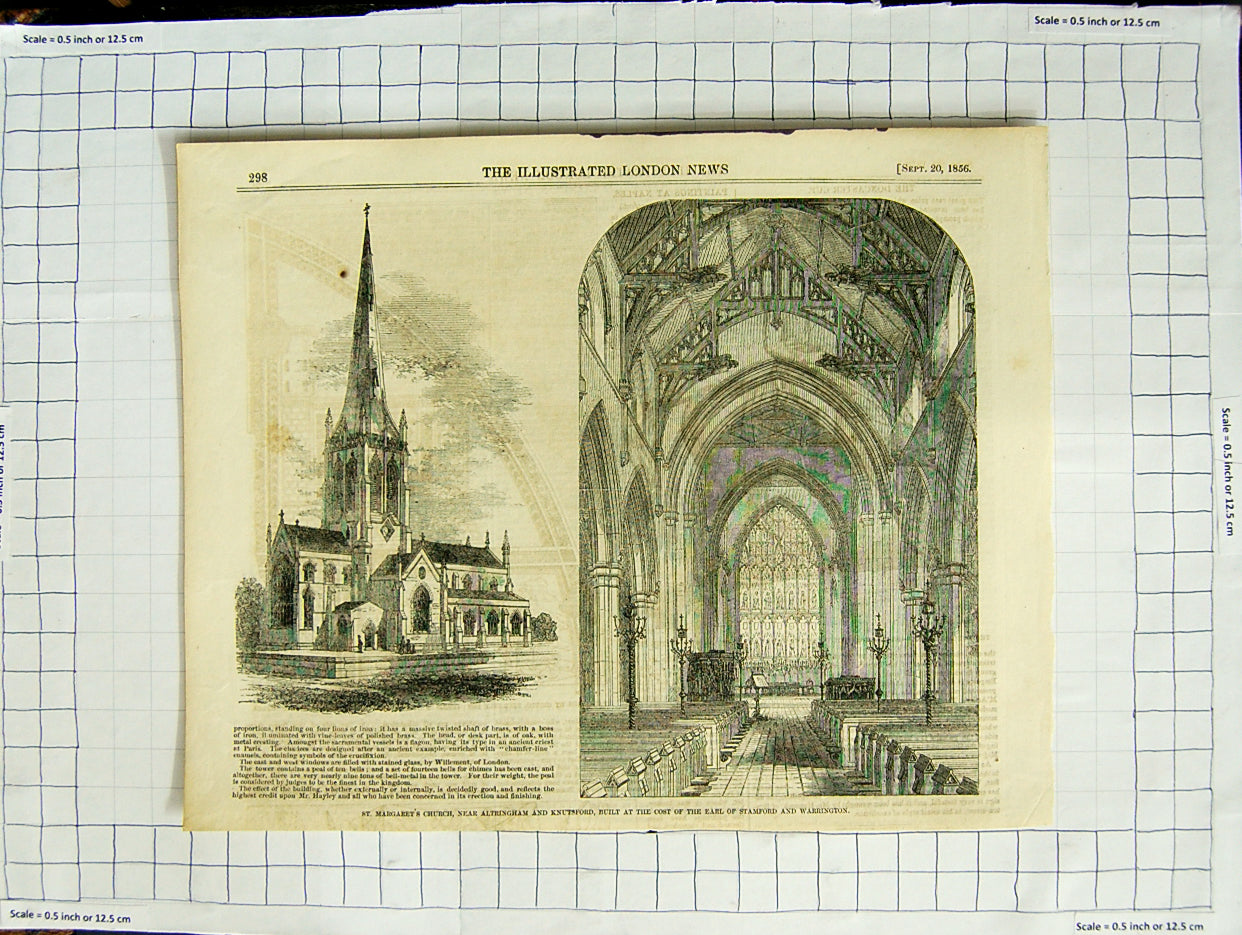 Original Old Antique Print 1856 Margaret'S Church Altringham Knutsford Stamford