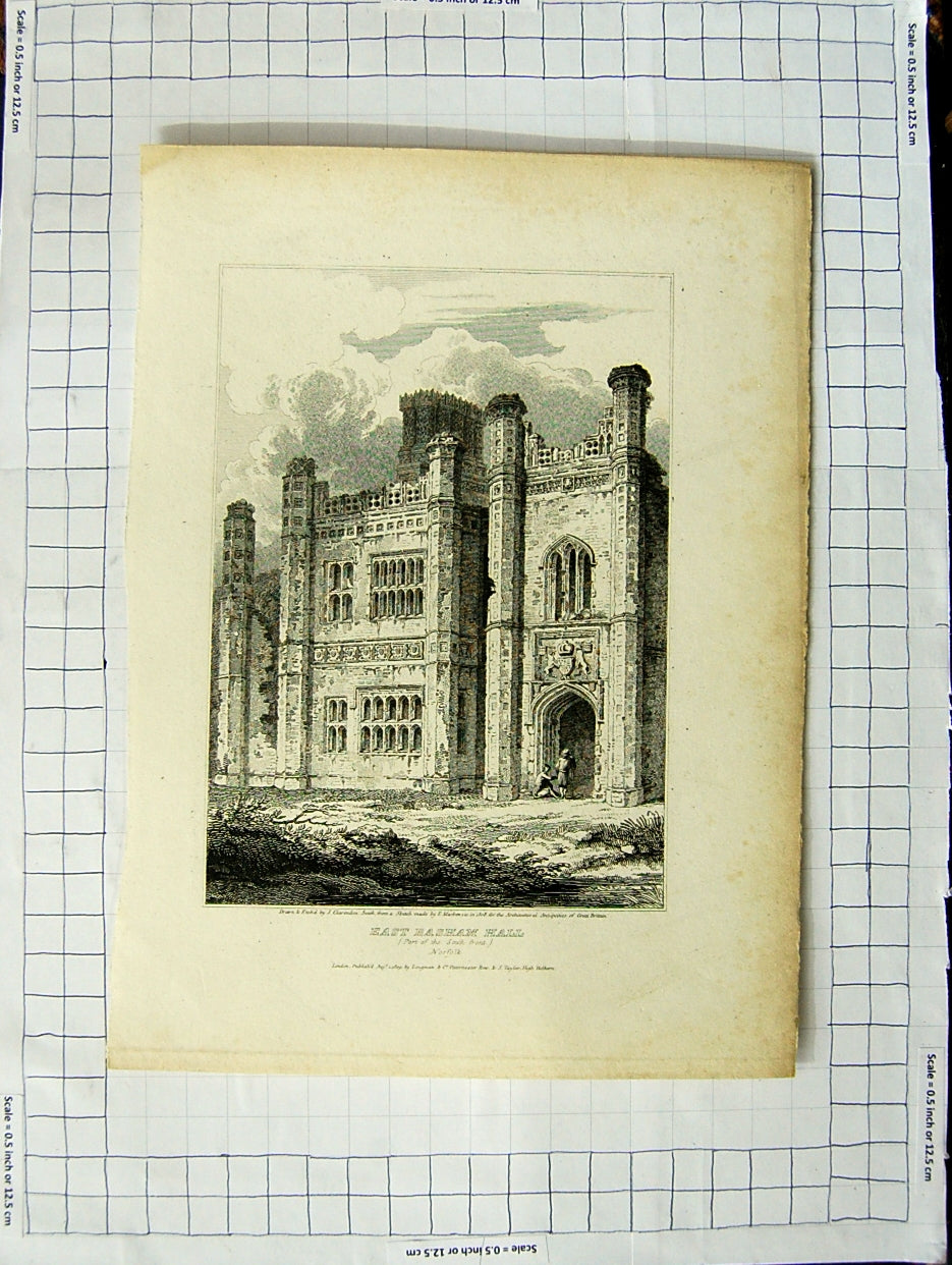 Old Antique Print 1809 Front East Basham Hall Norfolk Clarendon Mackenzie 19th