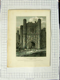 Original Old Antique Print 1809 Tower Gateway East Basham House Norfolk Keux