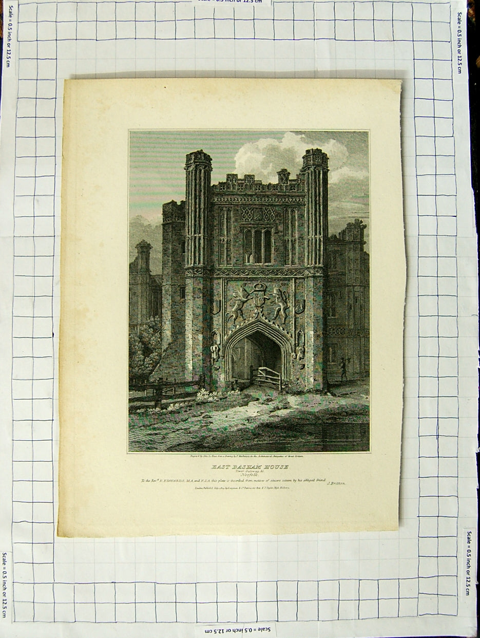 Original Old Antique Print 1809 Tower Gateway East Basham House Norfolk Keux