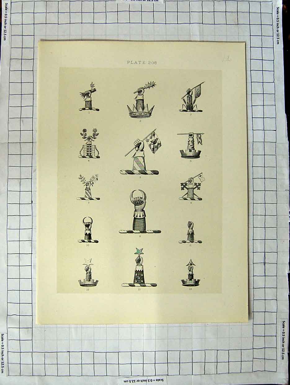 Original Old Antique Print A Plate Heraldry Crests C1790-C1900 Hands Flags Star