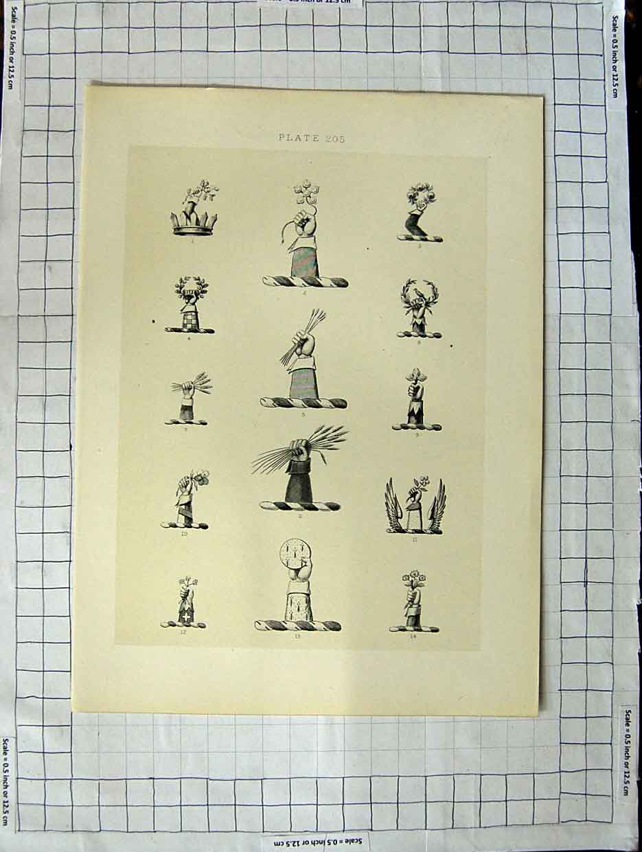 Original Old Antique Print A Plate Heraldry Crests C1790-C1900 Hands Crops 18th