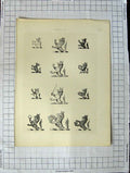 Original Old Antique Print Ref.390 A Heraldry Crests C1790-C1900 Wild Animals
