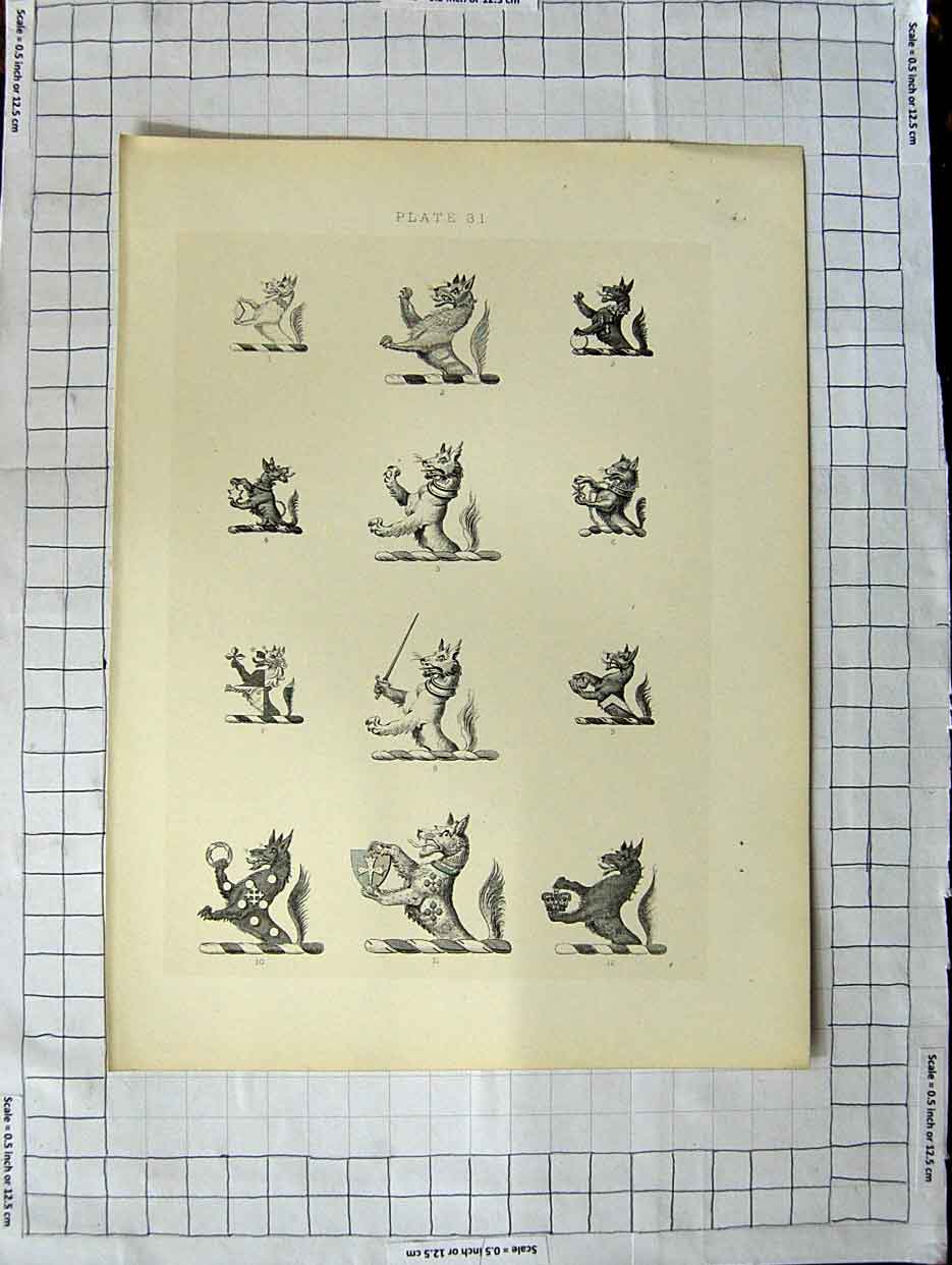 Original Old Antique Print Ref.390 A Heraldry Crests C1790-C1900 Wild Animals