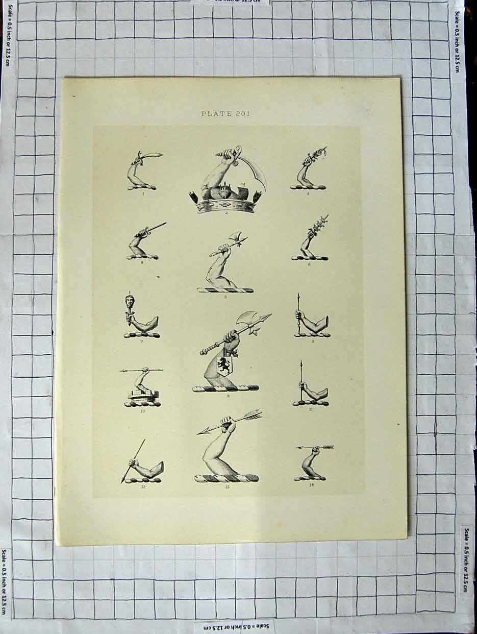 Original Old Antique Print A Plate Heraldry Crests C1790-C1900 Hands Weapons