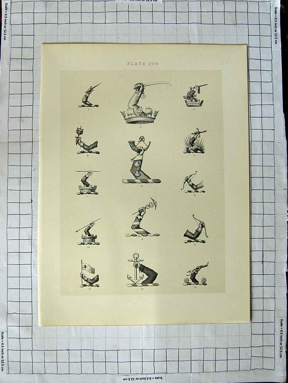 Original Old Antique Print Ref.393 A Heraldry Crests C1790-C1900 Hands Weapons