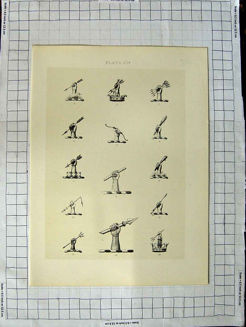 Original Old Antique Print Ref.394 A Heraldry Crests C1790-C1900 Hands Weapons