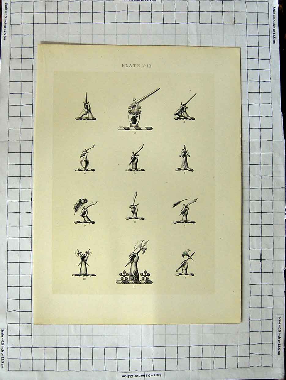 Original Old Antique Print Ref.395 A Heraldry Crests C1790-C1900 Hands Weapons