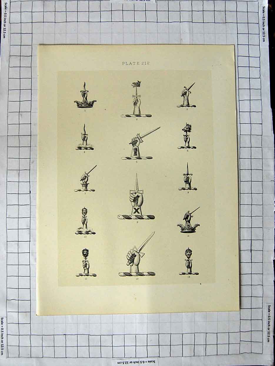 Original Old Antique Print Ref.396 A Heraldry Crests C1790-C1900 Hands Weapons