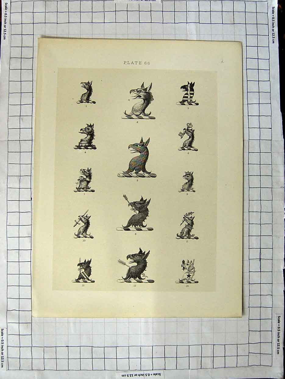 Original Old Antique Print Ref.402 A Heraldry Crests C1790-C1900 Wild Animals