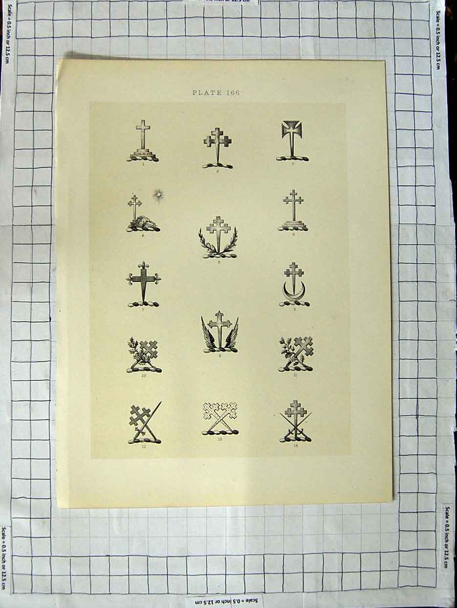 Original Old Antique Print A Plate Heraldry Crests C1790-C1900 Cross Shapes
