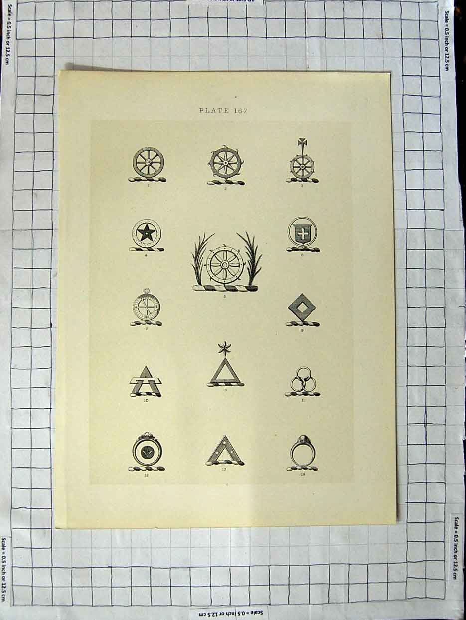Original Old Antique Print A Plate Heraldry Crests C1790-C1900 Wheel Shapes