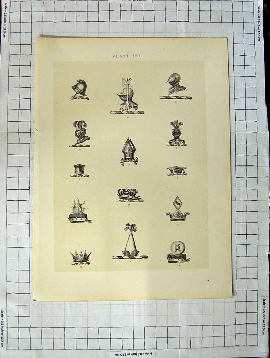 Original Old Antique Print A Plate Heraldry Crests C1790-C1900 Armour Crowns