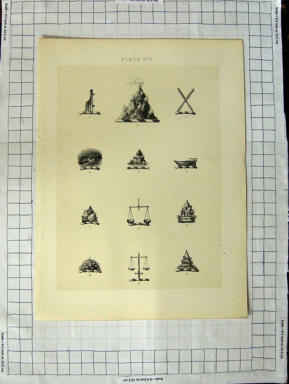 Original Old Antique Print A Plate Heraldry Crests C1790-C1900 Weighing Scales