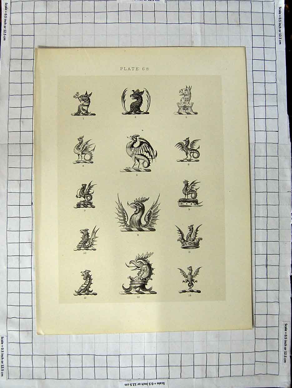 Original Old Antique Print Ref.405 A Heraldry Crests C1790-C1900 Winged Birds