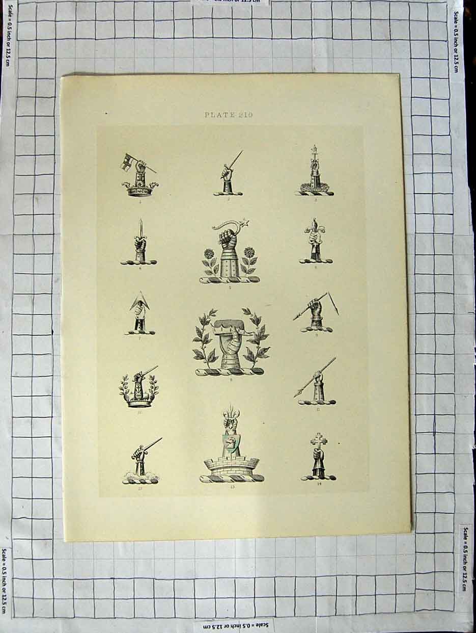 Original Old Antique Print Ref.415 A Heraldry Crests C1790-C1900 Hands Armour